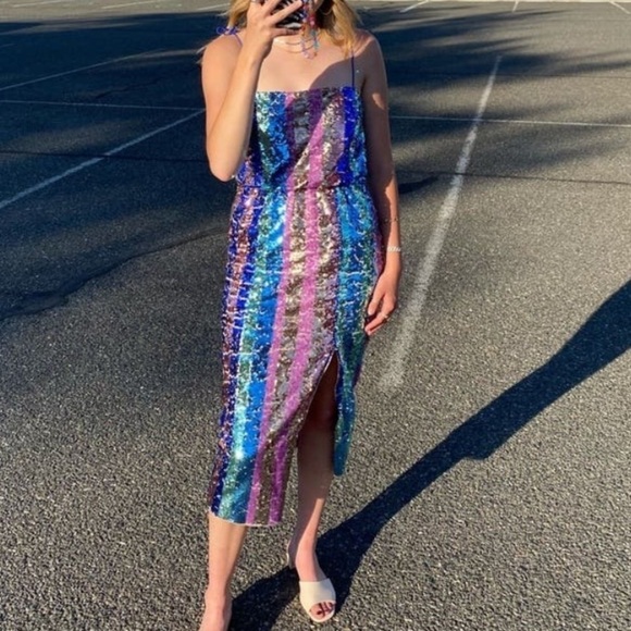 Aidan Mattox Striped Sequin Midi Cocktail Dress - Picture 1 of 4